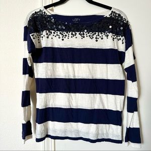 LOFT Navy and White Striped Sequin Tee Small